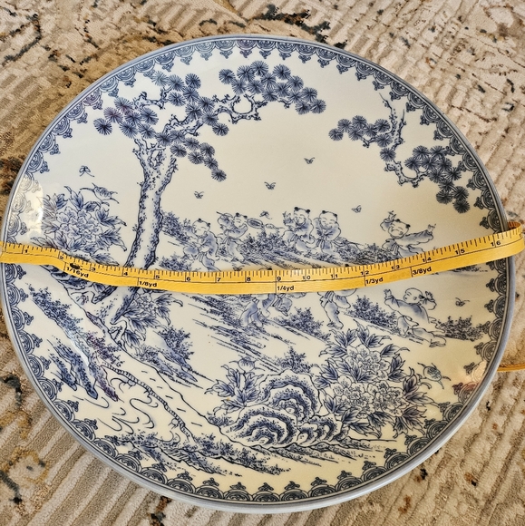 Mid 20th Century Karako Hand Painted Charger Cobalt & White Large Plate Asian - Picture 2 of 15